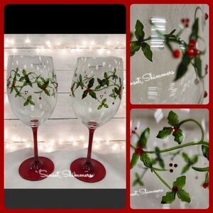 2pc Sparkly Rhinestone Holly Berry Christmas Cocktail Sangria Wine Glass Set New